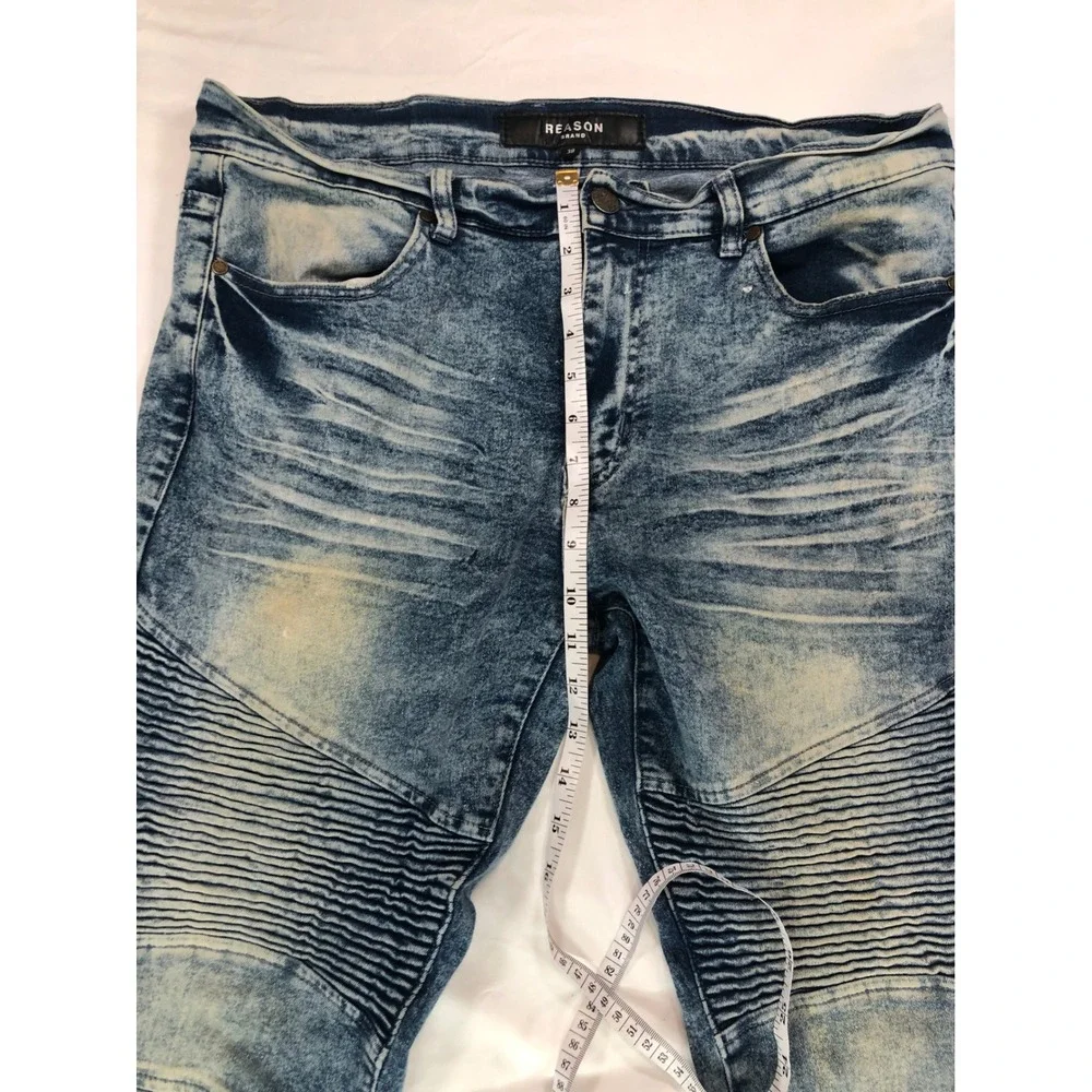 Reason Brand Mens Moto Biker Jeans Acid Wash Blue Distressed Slim Straight 38x30